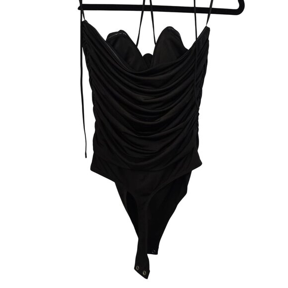 Express Black Ruched Halter Bodysuit With Floral Accent M - Picture 3 of 7